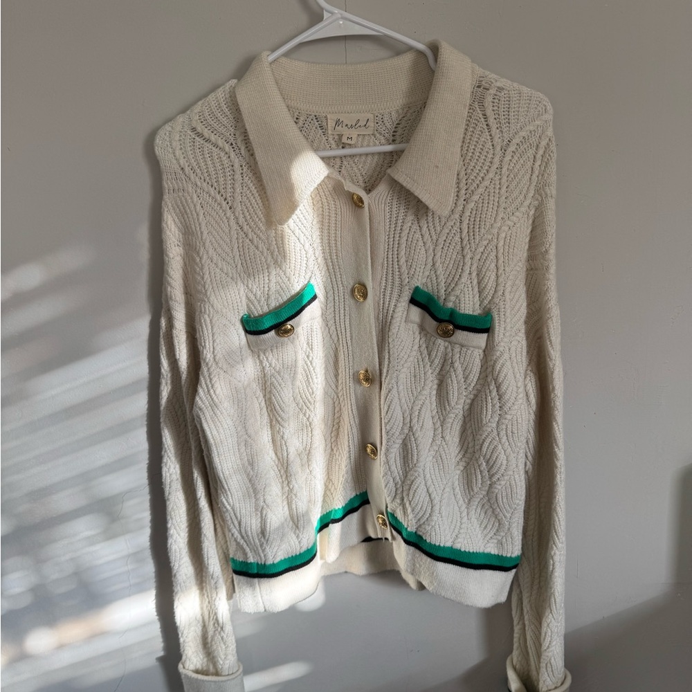 Cream Cardigan with Green Accents